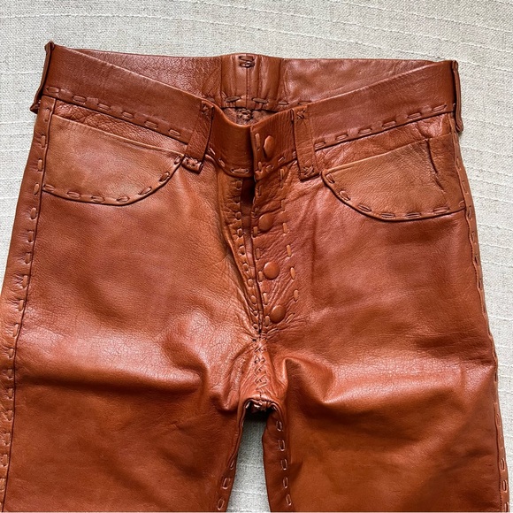 Vintage 1970s Whipstitched Buckskin Leather Flare Pants - Picture 2 of 16